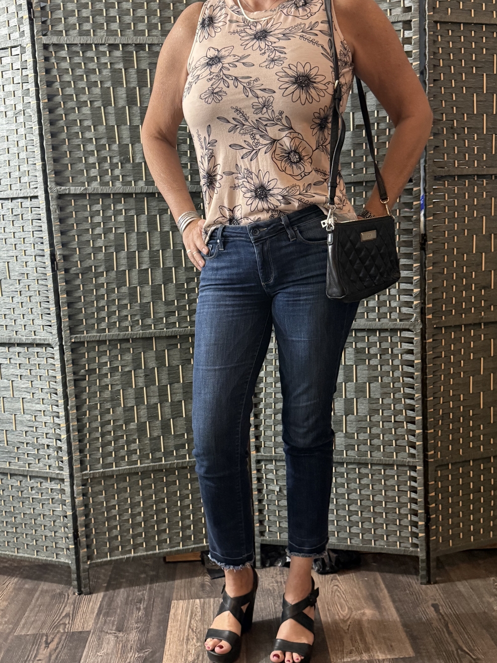 Sleeveless Floral Tank Top in Light Cream And Black